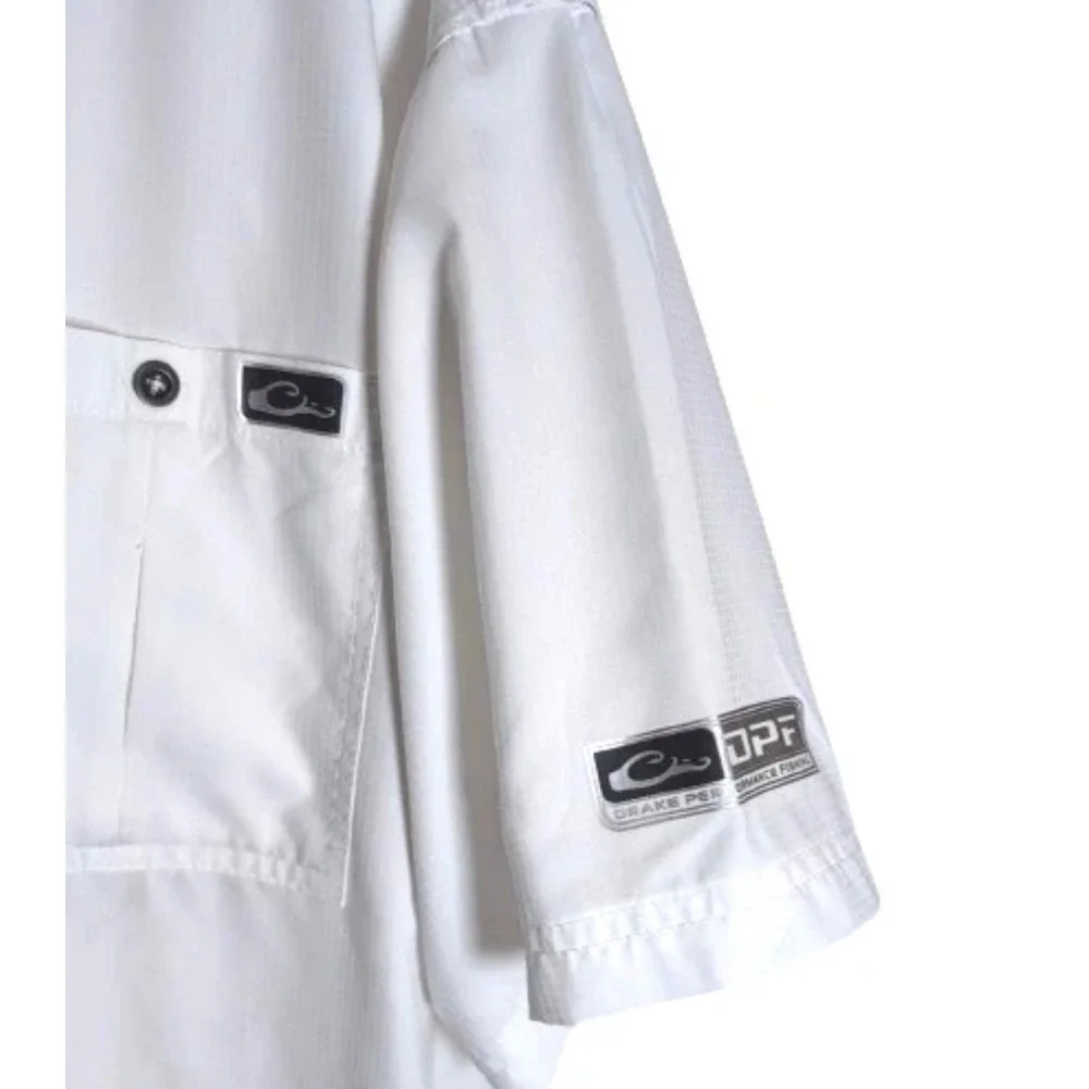 Drake Waterfowl DPF Fishing Shirt Mens Large White Short Sleeve Vented Button Up